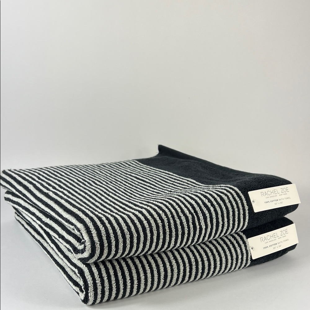Rachel Zoe Bath Towels Black Cream Striped Plush Luxury 100% Cotton Set of 2 NEW